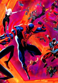 Spider-Man in een dynamische visual uit Across the Spider-Verse, waarin verschillende alternatieve Spider-Man-personages voorkomen.