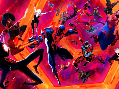 Spider-Man in een dynamische visual uit Across the Spider-Verse, waarin verschillende alternatieve Spider-Man-personages voorkomen.