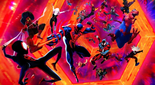 Spider-Man in een dynamische visual uit Across the Spider-Verse, waarin verschillende alternatieve Spider-Man-personages voorkomen.