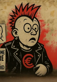 Graffiti mural of a surprised punk figure with a red mohawk reaching into his inner pocket, surrounded by anti-capitalist posters featuring rabbit illustrations and a calm fox at the bottom, set against a weathered brick wall.